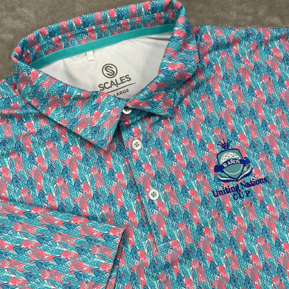 Scales Polo Shirt Mens XL Teal Pink Geometric Stretch Golf Uniting Nations Cup